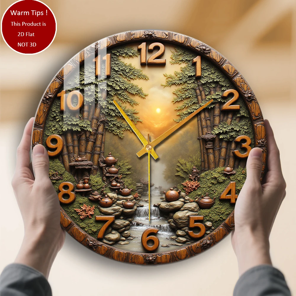 Tempered Glass Wall Clock Wooden Carving Bamboo Stream Teapots Sunset Suitable For Wall Decor or Tabletop Display Anywhere