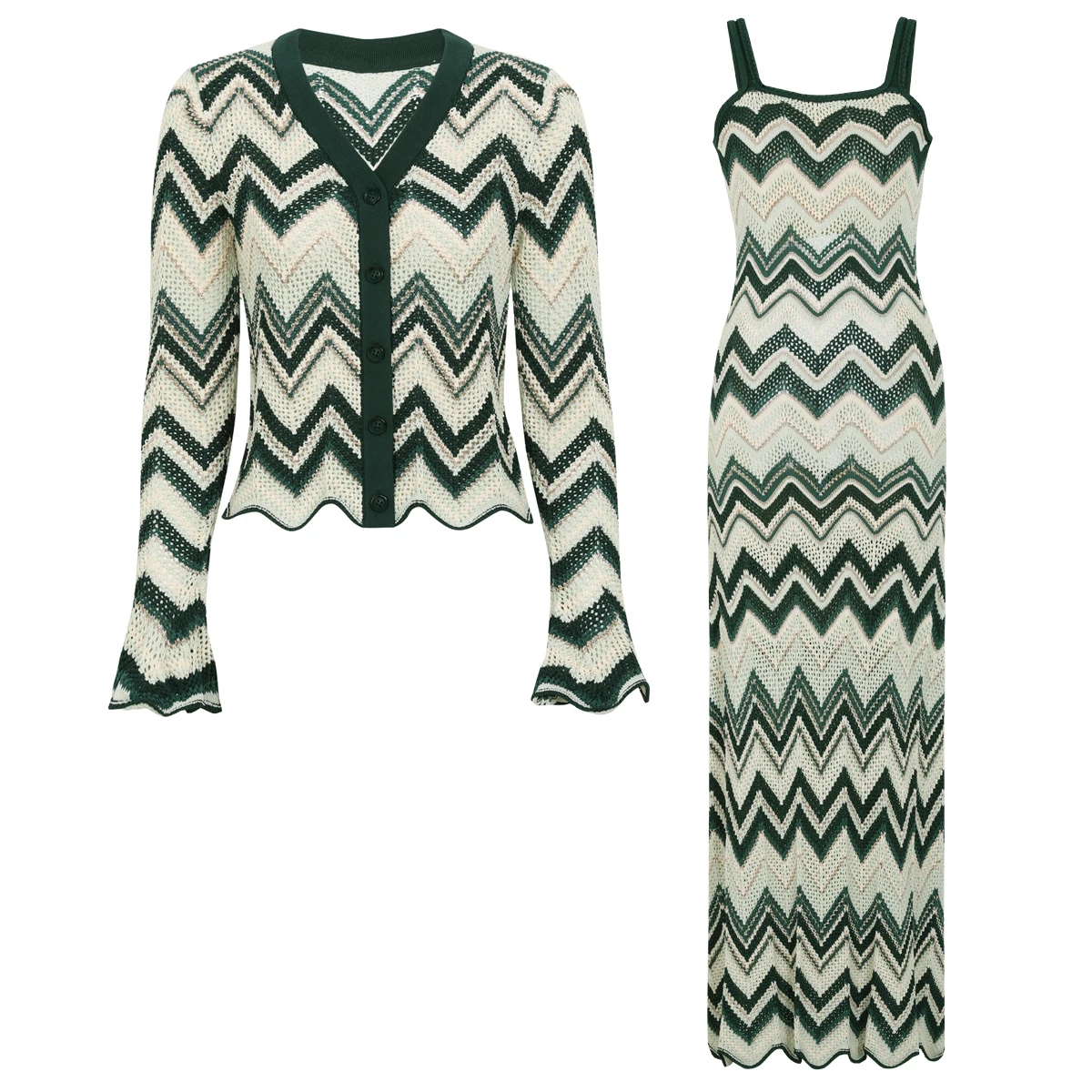 

2598 High Quality Summer And Autumn New Fashion Women's Wave Pattern Long Sleeve Top Knitted Coat+Strap Sleeveless Dress Set