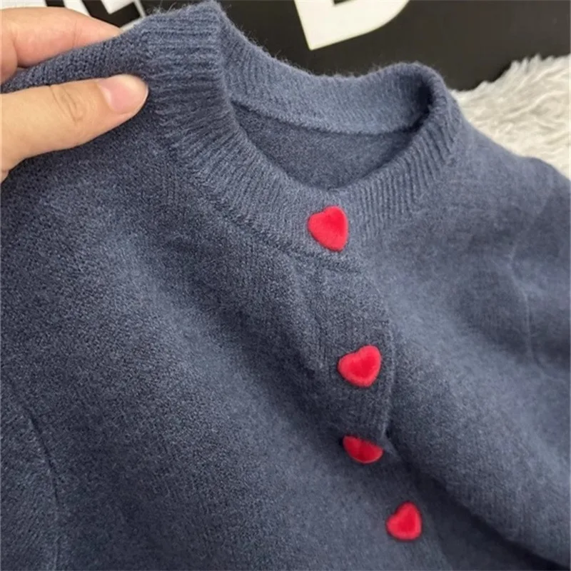 Korean Style Cardigans for Women Long Sleeve Knitted Heart Button Vintage Simple Chic Clothing Autumn Winter O-neck Warm College