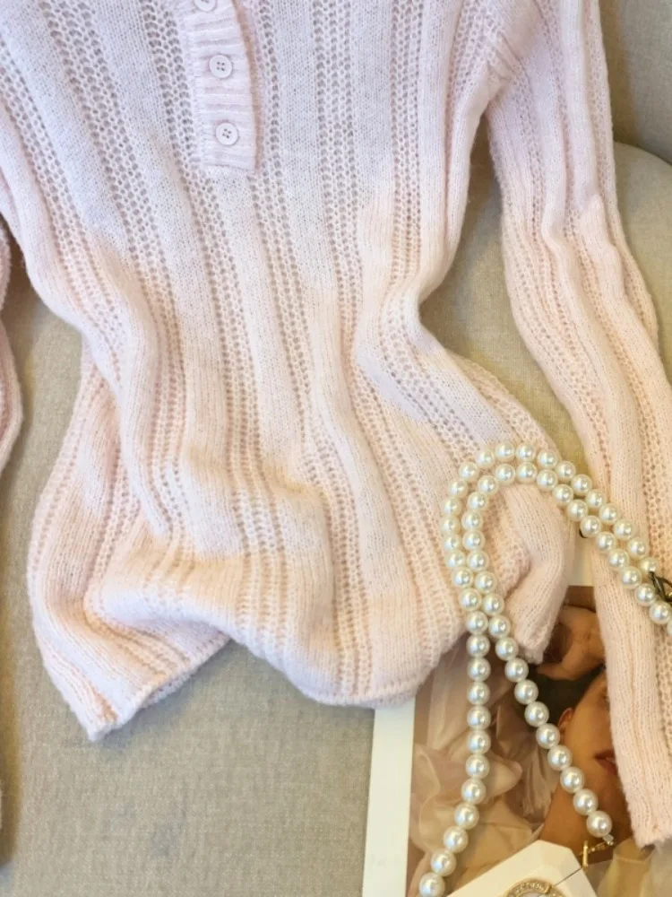 الحلو الوردي V-Ne طويل Sve محبوك قاعدة irt المرأة Faion الخريف الشتاء سليم صالح ملابس داخلية سترة بسيطة Sle #4