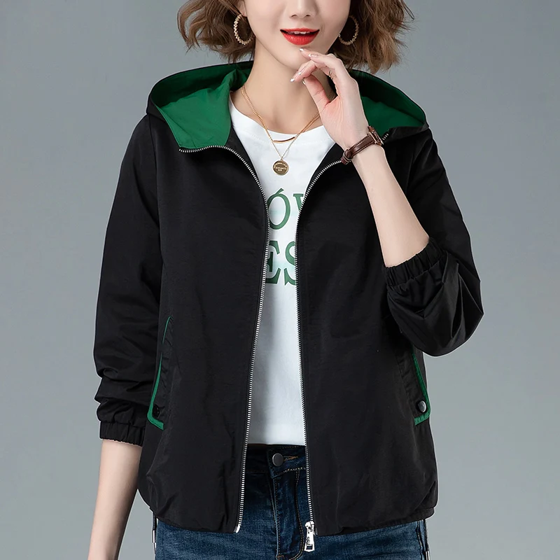 2023 New Women\'s Jacket Causal Short Hooded Windbreaker Famale Basic Coat Long Sleeve Zipper Loose Outwear Women Clothing