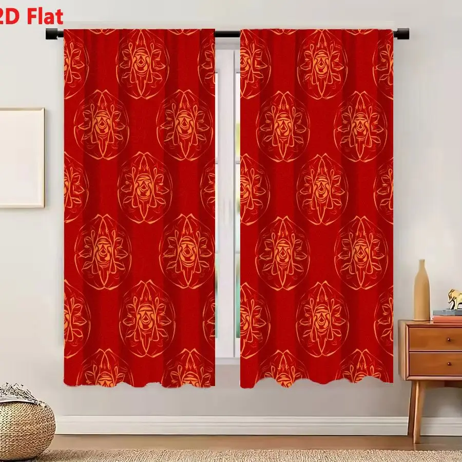 2Pcs Curtains 2D Flat Deep Red Seamless Pattern With Golden Tribal Mandala Faces And Lotus Motifs Window Drapes for Bedroom Room