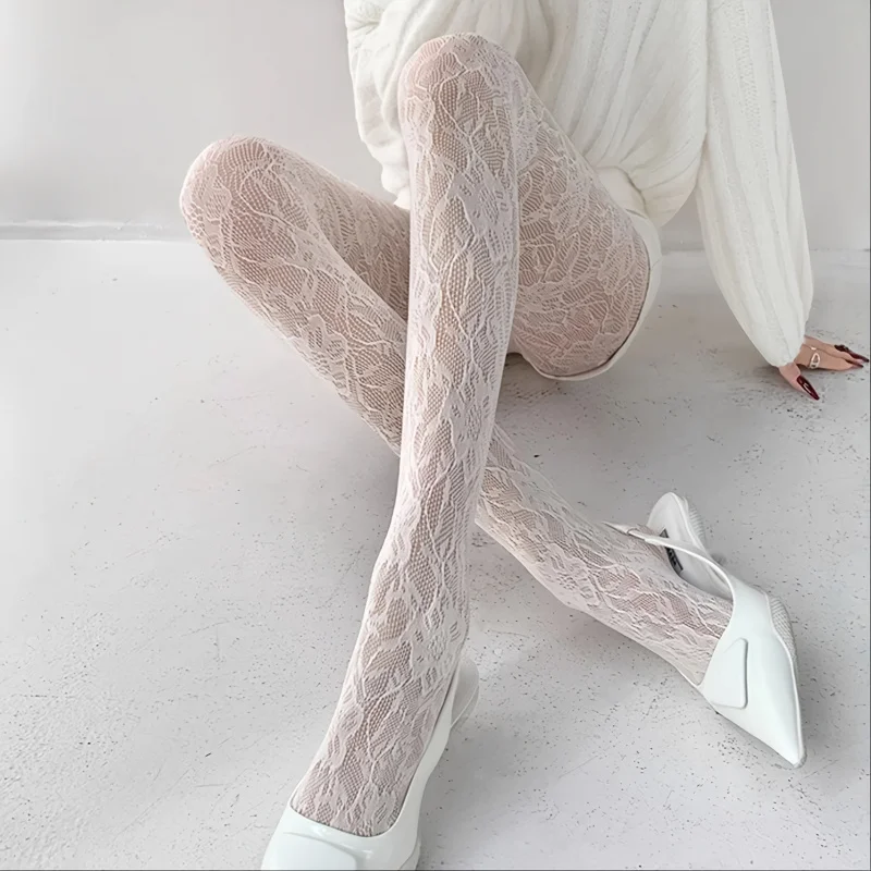 1pc New Vintage Sexy Stockings, Floral Jacquard White Pantyhose, Hollow Lace Mesh Stockings, Spring Summer Tights