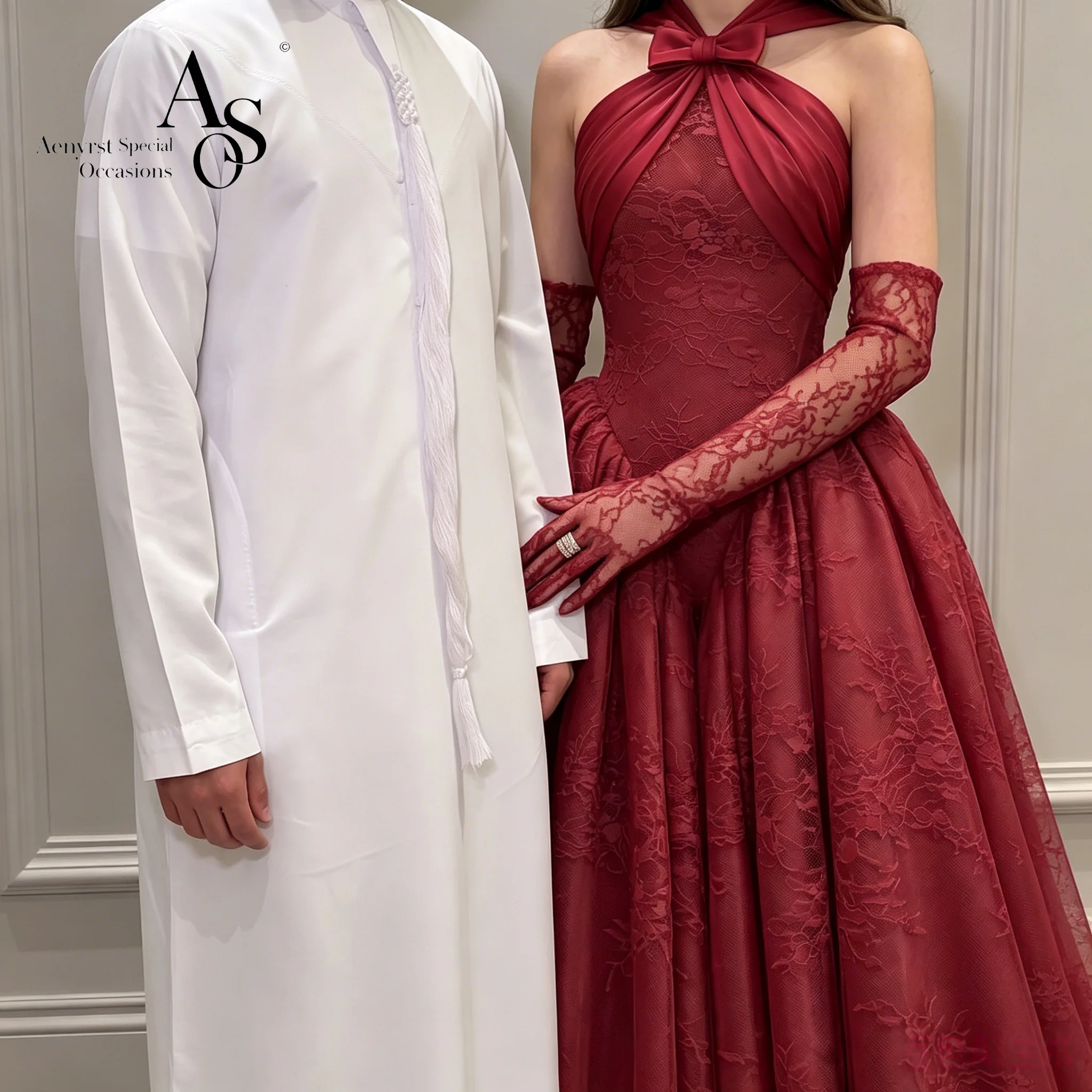 Red Halter-Neck Strapless Floor-Length Gown Formal Evening & Prom Dress featuring Print, Embroidery and Front Bow Detail