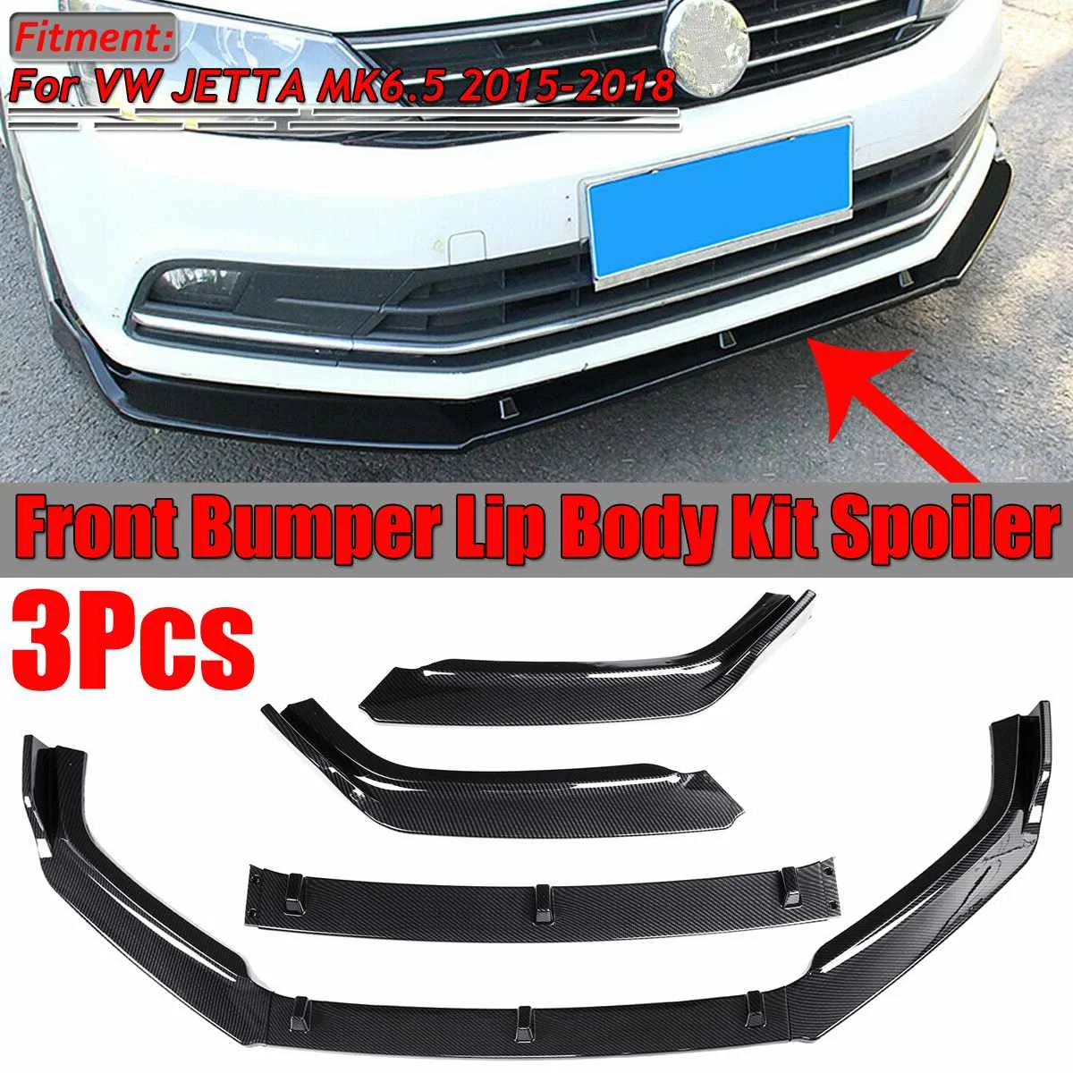 

3Pcs Car Front Bumper Lip Splitter Lip Chin Bumper Diffuser Spoiler Splitters Body Kit For VW JETTA MK6.5 2015 2016 2017 2018