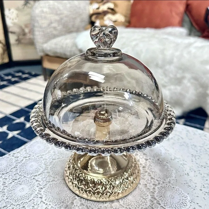 

Tall Crystal Glass Dessert Plate Household Living Room Cake Dessert Table with Lid Love Fruit Plate Decorative Ornament
