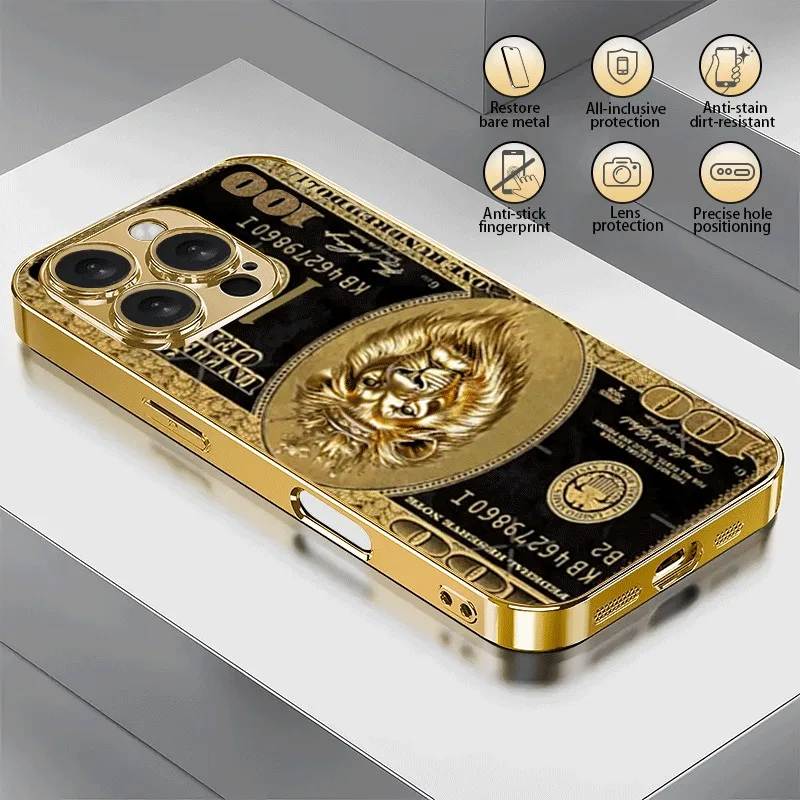 

Wealth Lion Pattern Gold Metallic Paint Glass Phone Case For iPhone 17 16 15 14 13 12 11 Pro Max 15 14 Plus 17 Air 16E Cover