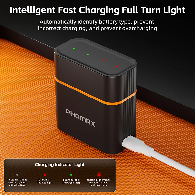 PHOMAX 1.5V AAA 1110mWh 충전식 리튬 배터리 4슬롯 지능형 독립 충전 박스 고용량 USB-C 충전기 세트