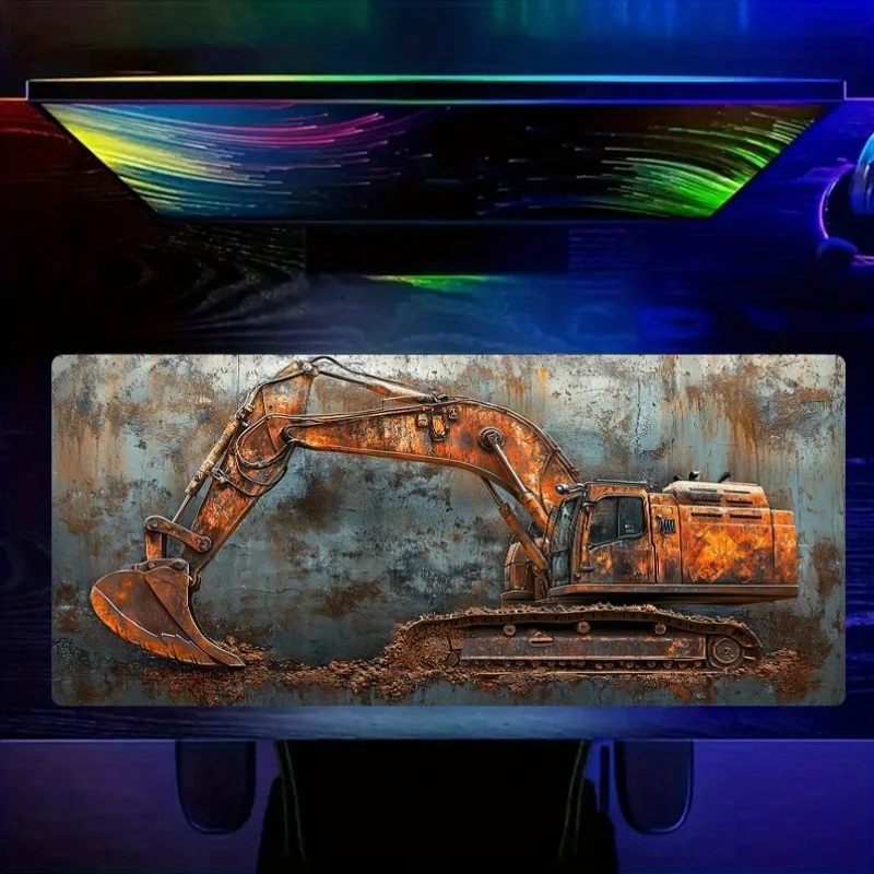 Waving Heavy Metal Style Excavator Pattern Mouse Pad, Suitable for Office, Anti-Slip Gaming Keyboard Mousepads Long Desk Pads