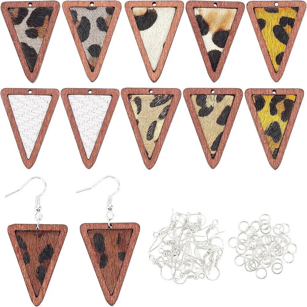 

12Pcs 6 Style Eco-Friendly Cowhide Leather Pendants with Dyed Wood Triangle with Leopard Print with Iron Open Jump Rings