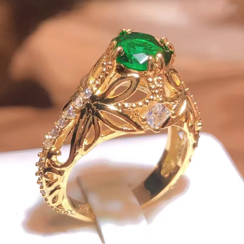 

Hot Selling Vintage Wedding Stainless Steel Ring For Women Fashion Female Zirconia Emerald Gold-Plated Jewelry Engagement
