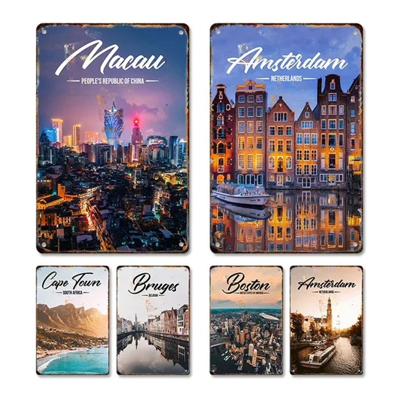 Vintage Reise Städte Metall Zeichen Paris London Rom Sydney Landschaft Eisen Malerei Retro Poster Wohnzimmer Home Wand Art Deco