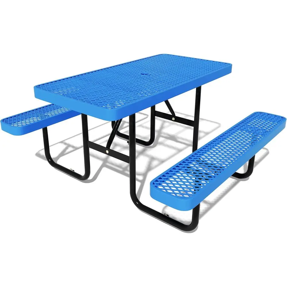 

Heavy-Duty Blue Outdoor Metal Picnic Table Set with Benches and Umbrella Hole for School Canteen or Garden Use