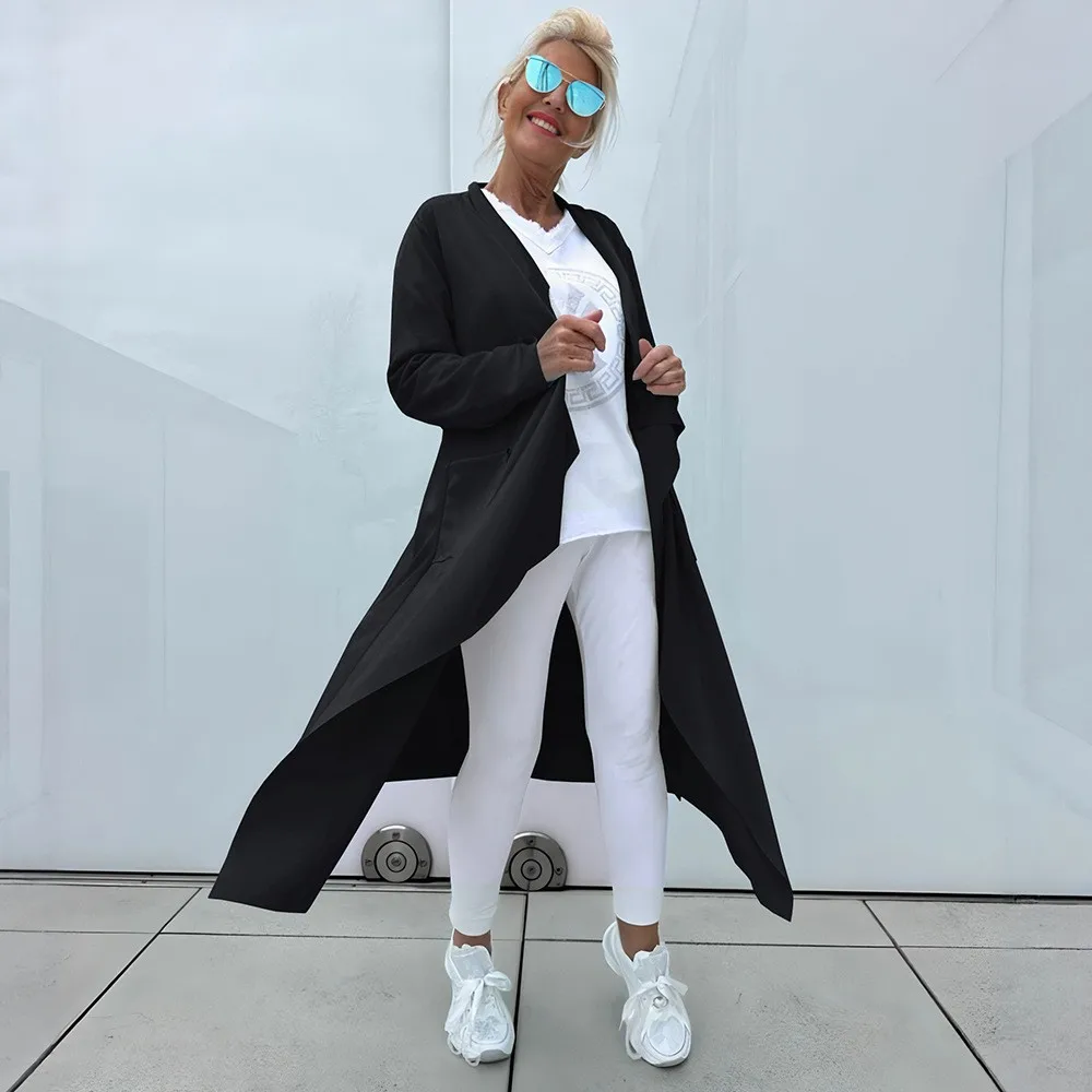 เสื้อแจ็คเก็ตลำลองแบบใหม่ปี 2025 เสื้อโค้ทเทรนช์ยาวแฟชั่น เสื้อคลุมคาร์ดิแกนสีพื้นแขนยาว เสื้อคลุมทรงไม่สมมาตร เสื้อแจ็คเก็ตฤดูใบไม้ร่วงสำหรับผู้หญิง