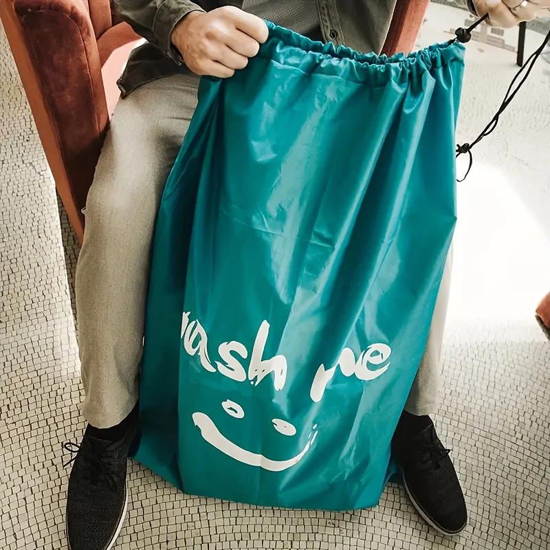 옥스포드 세탁 가방 졸라매는 끈 "Wash Me" 즐거운 얼굴 디자인 여행 이동 보관 솔루션, 다목적 더러운 옷 정리함