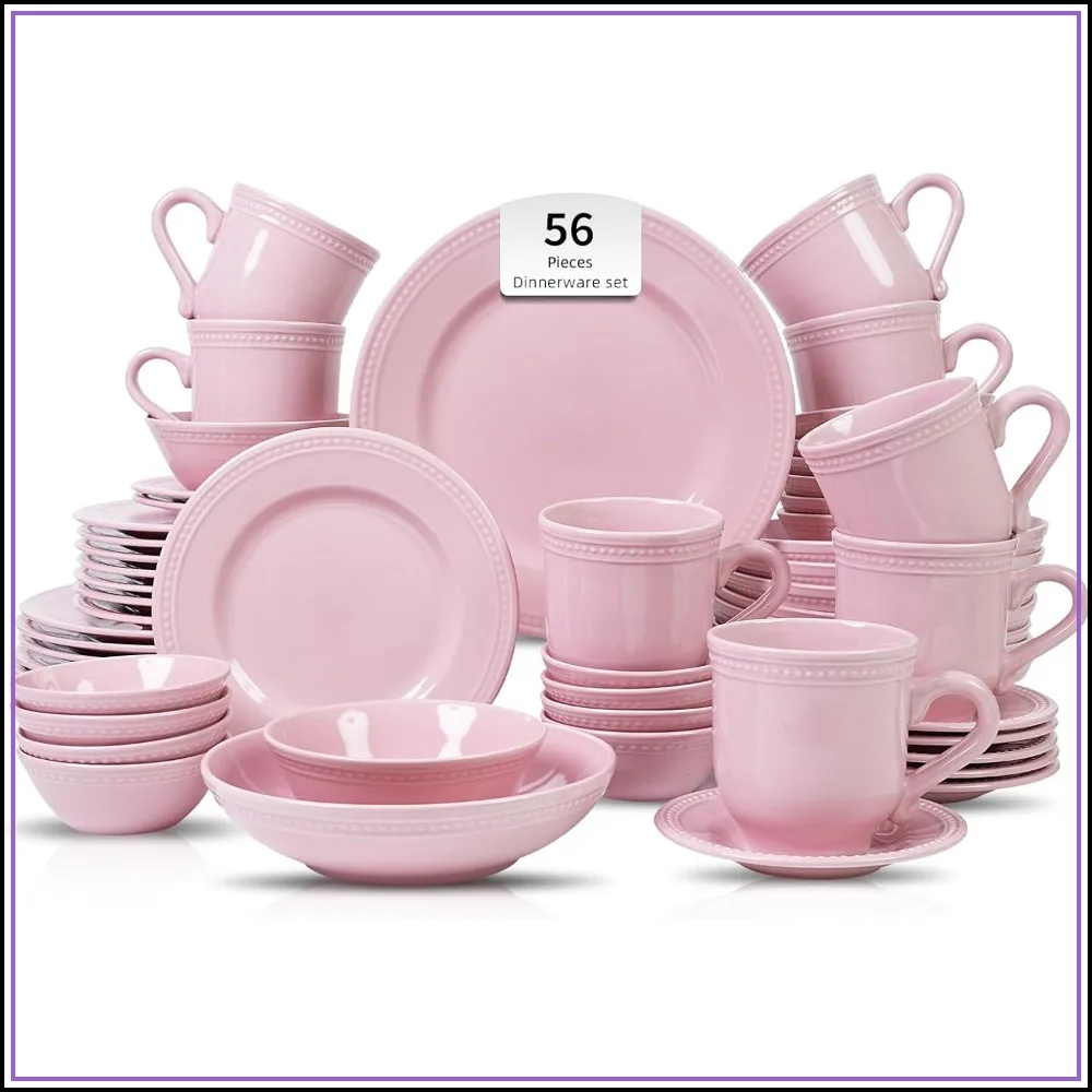 56-Piece Pearl Dots Stoneware Dinnerware Set, Pink, Service for 8