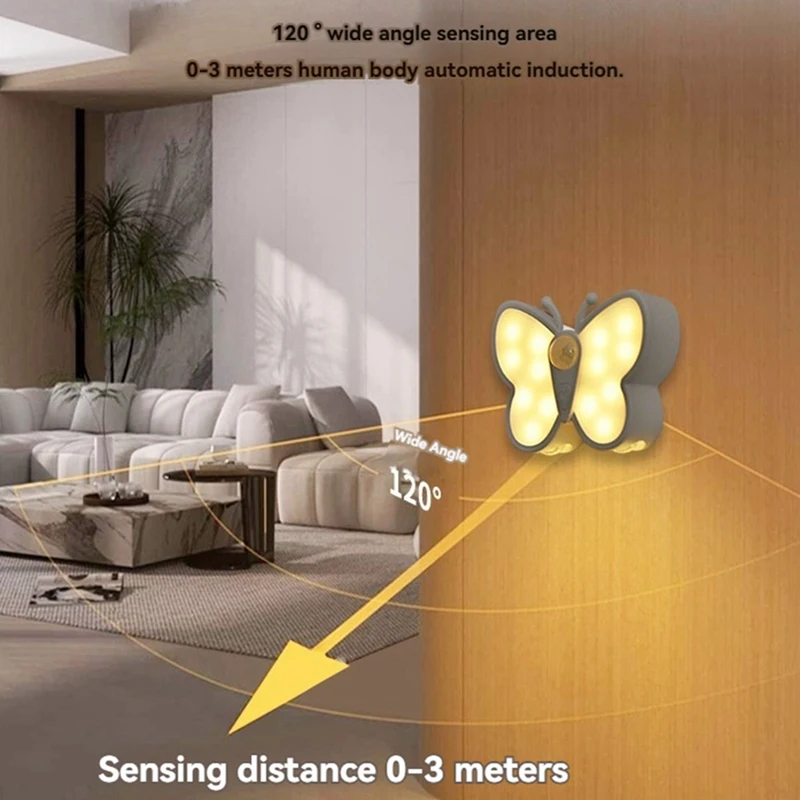 ABPQ-Farfalla Sensore di movimento Luce notturna LED sotto l'armadio Luce notturna ricaricabile Armadio Scala Camera da letto Luce da cucina