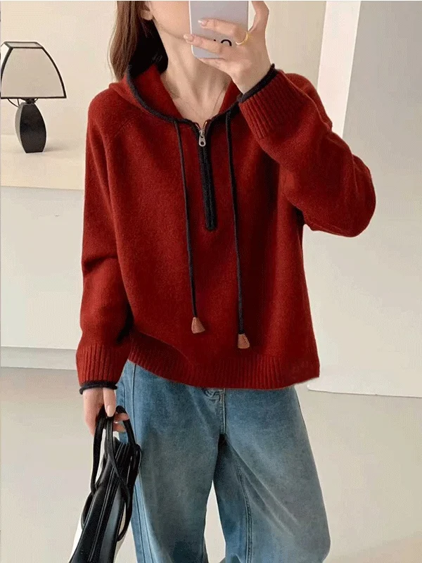 Women's Hooded Zipper Sweatshirt Red Inner Wear Comfortable Loose Fit Long Sleeve Knitted Top Trendy Street Style Commute Wind