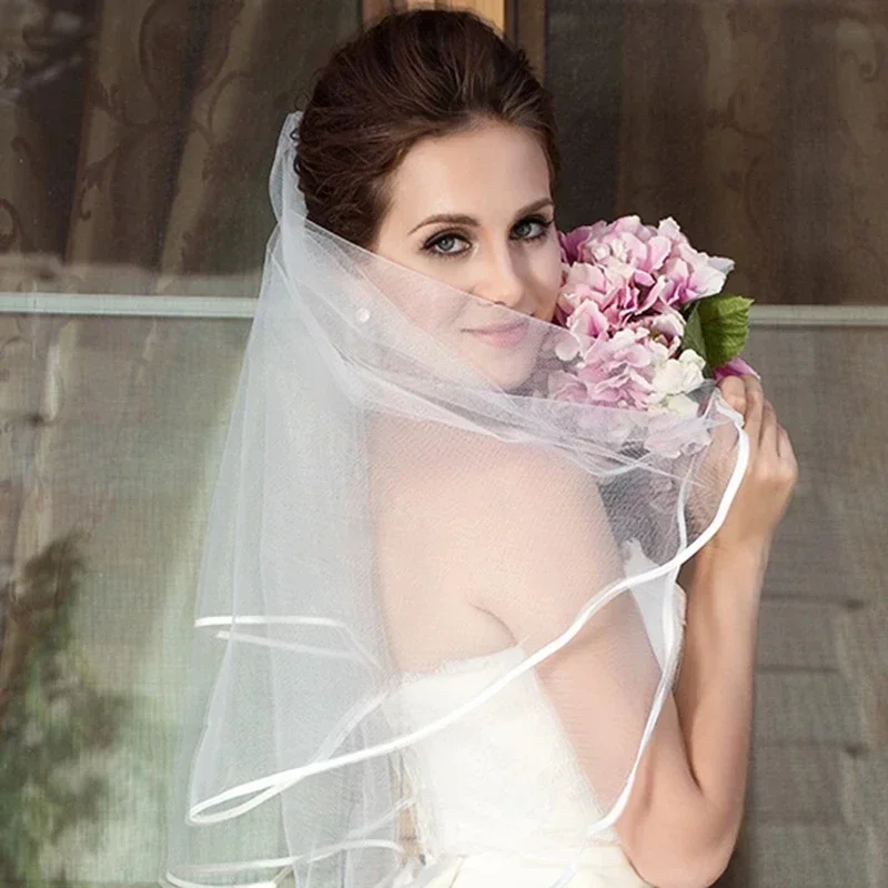 Velos de novia cortos de tul de dos capas con peine, velo de novia blanco marfil barato para novia, accesorios de boda