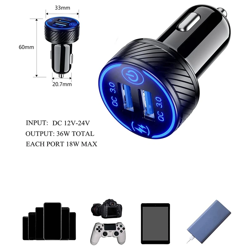 Car Charger, Fast Charge Car Charger Adapter, Dual QC3.0 Ports USB Car Phone Charger With Touch Switch And Blue LED