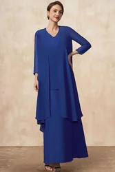 Temperament Plus Size Mother Of The Bride Blue Chiffon 3/4 Sleeve Cardigan V Neck A-Line Maxi Dress Two-Piece Set