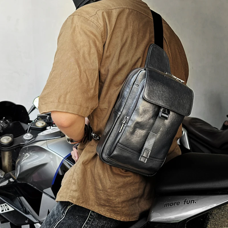 Casual Men's Genuine Leather Chest Shoulder Bag Outdoor Sport Chest Pack Handmade Trendy Male Crossbody Bag For 8.3 Inch Ipad