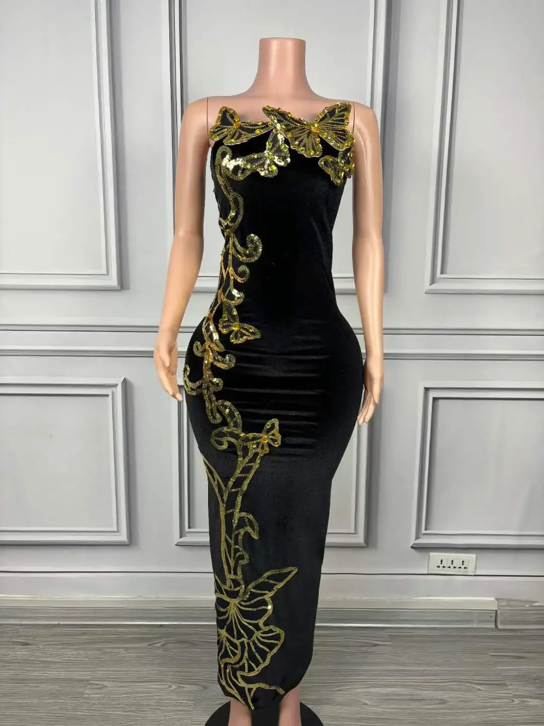 

Women Shinning Butterfly Sequins Luxury Velvet Backless Black Design Dress Evening Prom Night Clubwear