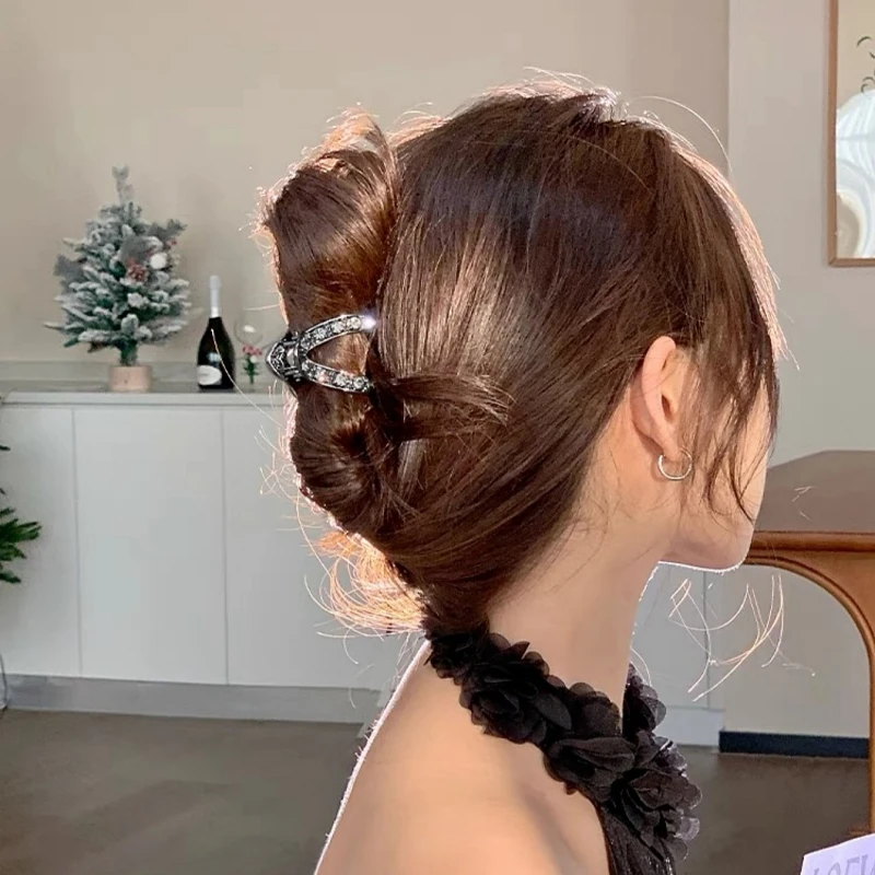 1pc Half Marubo Head Tie Hair Clip Women\'s Super Flash Large Water Diamond High Horsetail V-shaped Medium Grab Clip