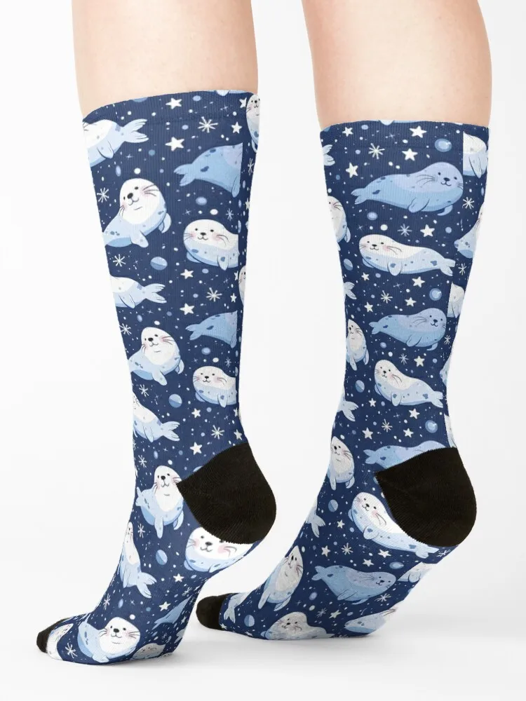 Seal Blue Winter Star Pattern Socks heated Antiskid soccer kids sports stockings Socks Men's Women's