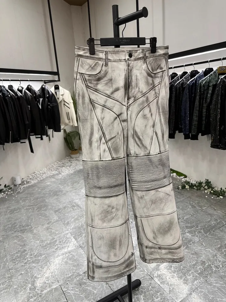 High Quality Mens Distressed Cowskin Genuine Leather Pants Handmade Vintage Hip Hop Personality Casual Men Straight Trousers