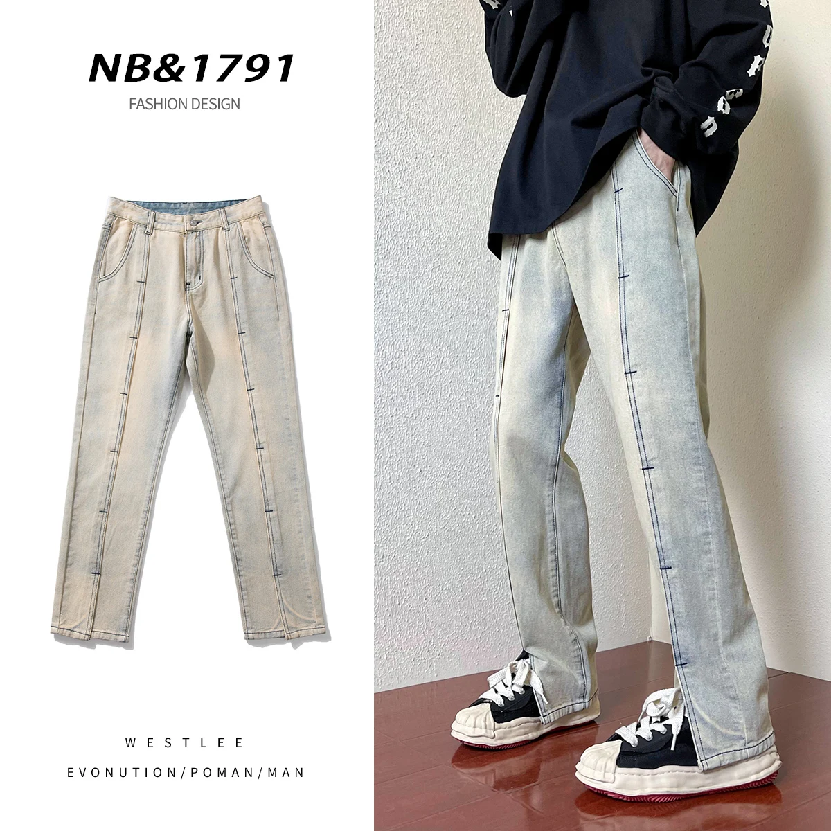 American High Street Vintage Washed Jeans for Men Spring Autumn Hip-hop Slim-fitting Spliced Slit Pants Denim Trousers Male