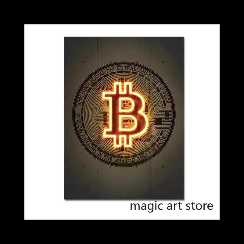 Affiche d'art néon style Bitcoin doré, Crypto Ethereum, chien drôle, Bitcoin King, peinture sur toile, impression murale pour décoration de chambre
