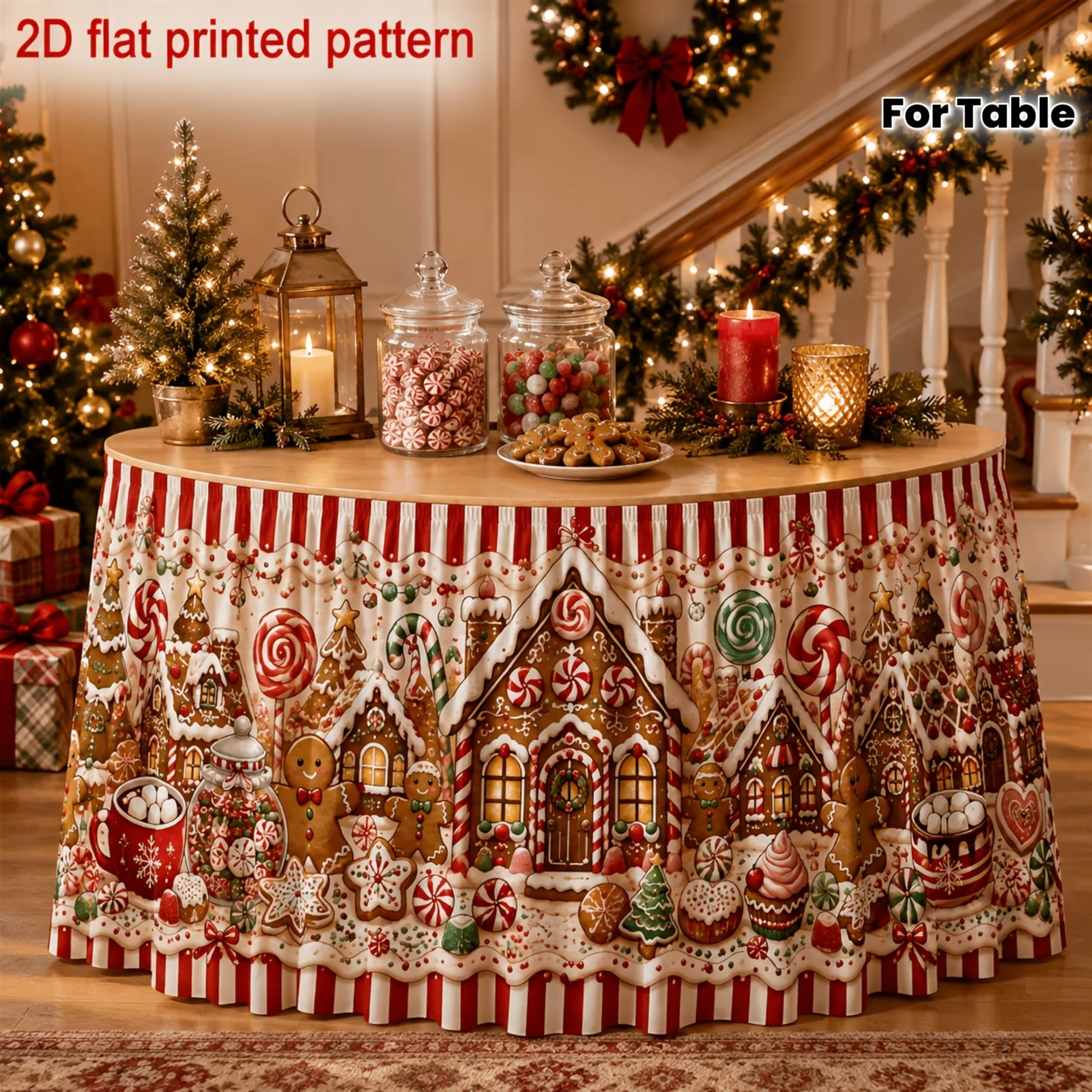 1 Table Skirt Print Cake House Sweet Varal Chillete Lollipop Christmas Cookie Pattern, Evening Table Skirt Decoration