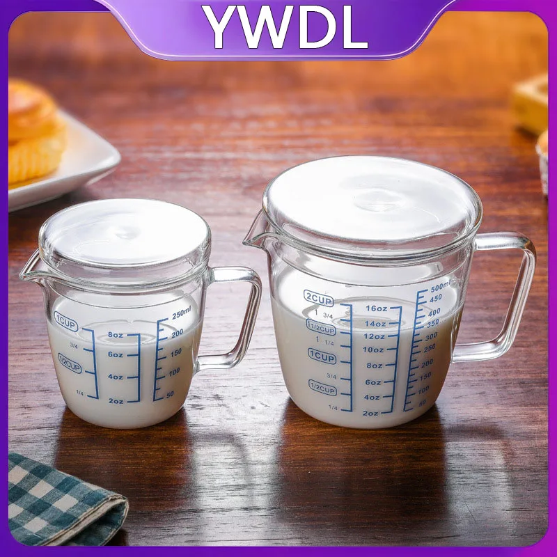 Tasse à mesurer en verre YWDL 250/500ml avec couvercle, tasse graduée, tasse en verre résistante aux hautes températures, tasse à lait en verre adaptée au micro-ondes