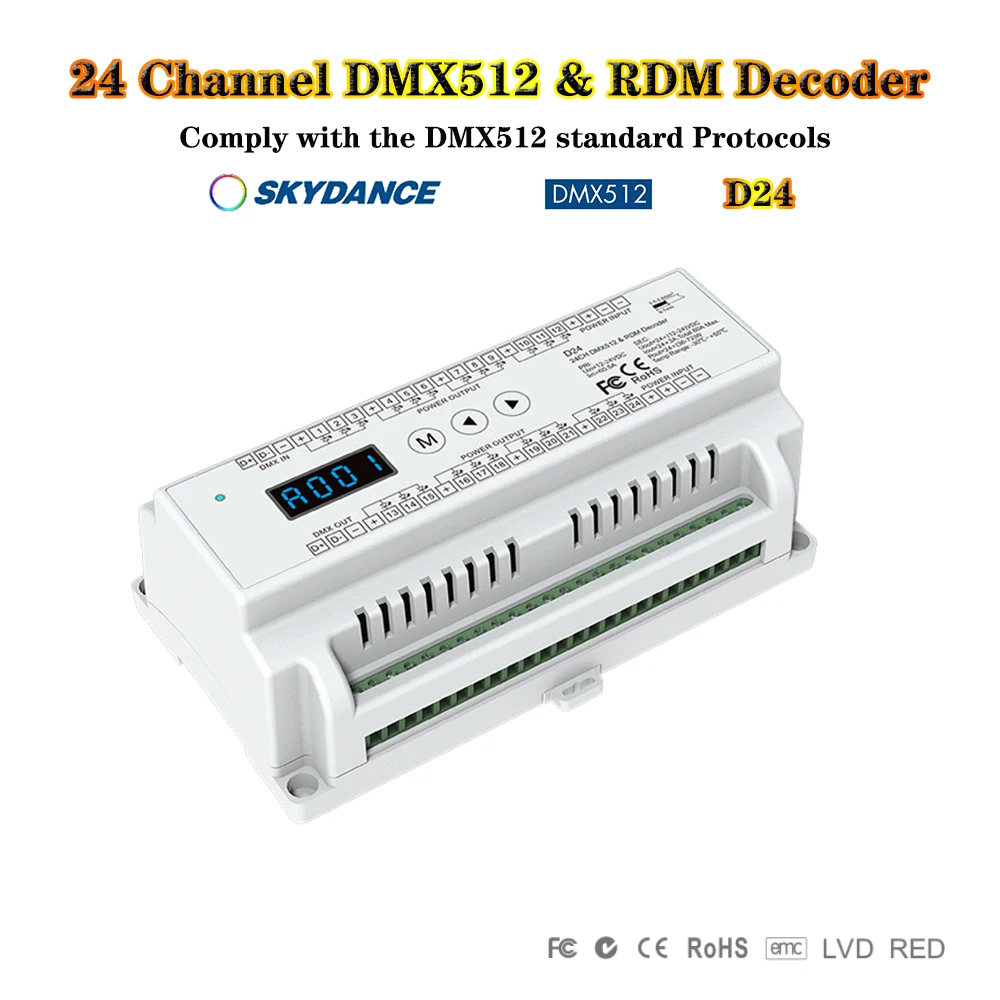 

Skydance D24 DC12-24V 24-канальный контроллер DMX на DIN-рейку RGB Светодиодная лента Диммер сценического освещения RDM DMX 512 Декодер