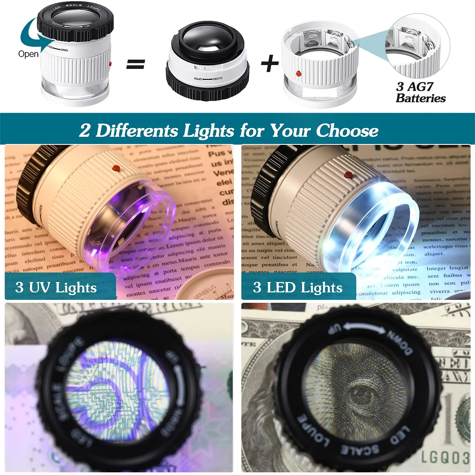 Imagem -02 - Lupa de Mão Cilíndrica com Escala Luz Led uv Lupa Iluminada Focal hd Lupa Ajustável Jóias Lupa 30x