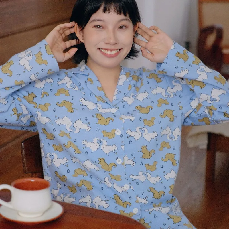 100% Cotton Gauze Pajama Set for Women Soft Cozy 2 Piece Long Sleeve Sleepwear Cute Squirrel Print Button Down Loungewear