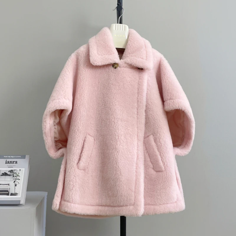 

RosEvans Real Fur Camel Wool Mulberry Silk Teddy Bear Cape Coat Women Loose Warm Lamb Fur Coat Thick Fur Lady Tide Autumn Winter