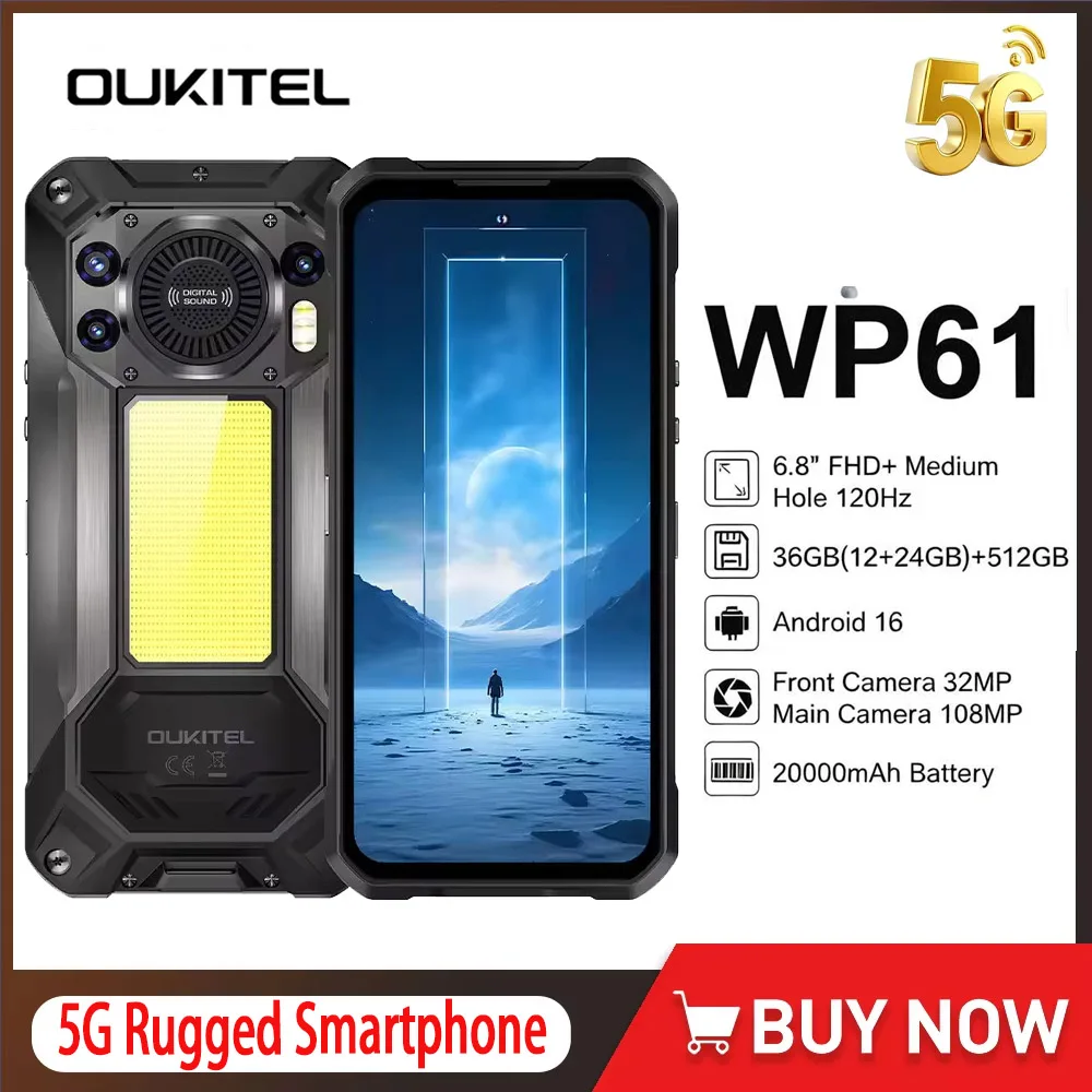 OUKITEL WP61 Rugged 5G SmartPhone Global version FHD+ 12GB+512GB 20000mAh 108MP MTK Dimensity 7025 Chip Android 16 Mobile Phone