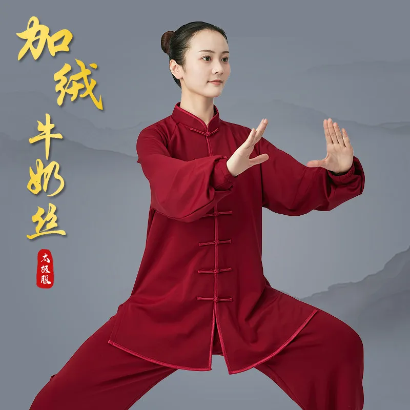 Martial Arts Tai Ji Suit Women's  Fleece-Lined Milk Silk Thickened Exercise Clothing Men's  Eight-Section Brocade