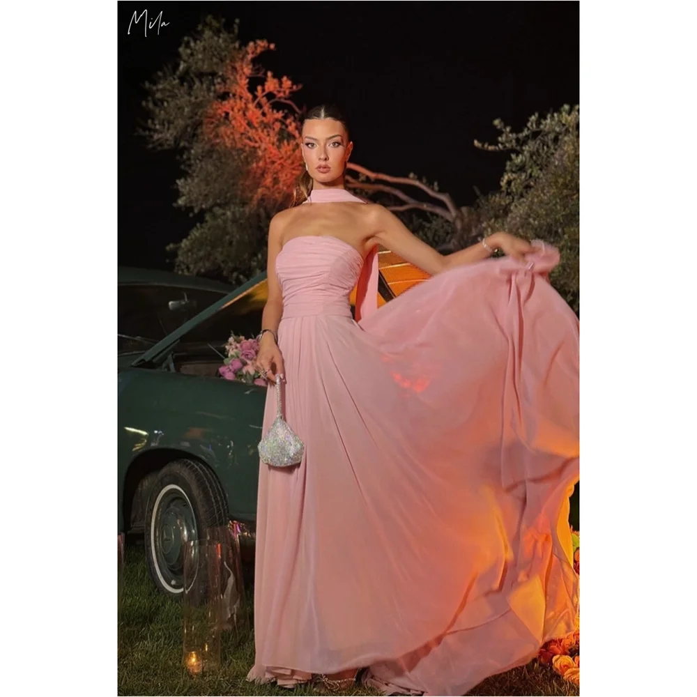 

Mila Pink Halter Neck A-Line Party Dresses Simple Sleeveless Evening Dresses Floor-Length Chiffon Customized Prom Dresses 2025