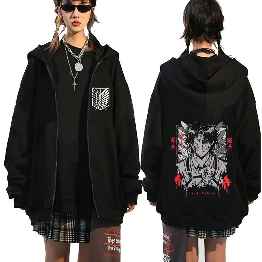 Anime Attack on Titan Levi Ackerman cara gráfico cremallera Sudadera con capucha hombres dibujos animados Manga Merch chaqueta con cremallera ropa de calle de gran tamaño para hombres