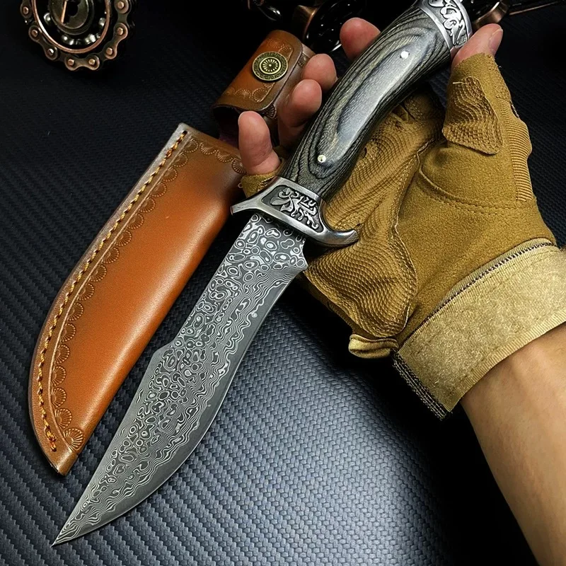Damascus Pattern Fixed Blade Collectible Knife, Patterned Wood Handle Hand Craft Display Tool with Protective Sheath for Collect