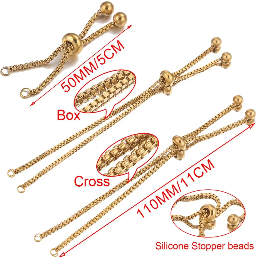 3pcs Stainless Steel Gold Slide Bracelets Coulissant Adjustable Chains Bracelet with Rubber Beads for Jewelry Making Accessories