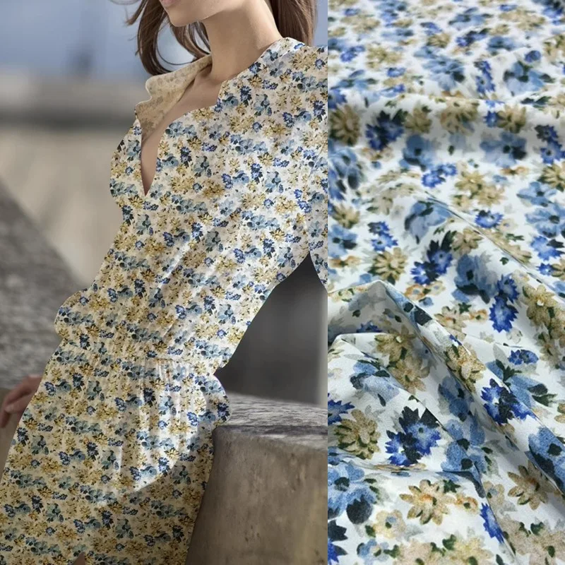 

Шелковая ткань из крепдешин с небольшим цветочным принтом для шитья платья своими руками, юбки, брюк, пижамы, эластичная шелковая ткань из спандекса R2549