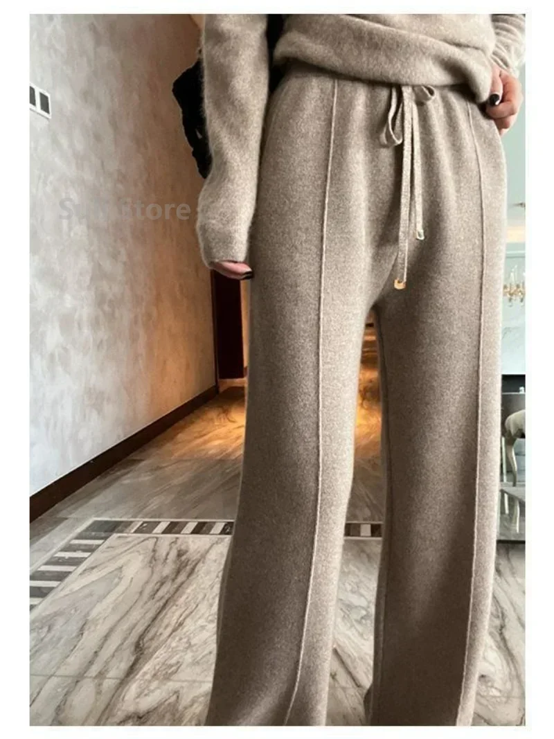 Women\'s Wool Wide-Leg Pants Fall/Winter High Waist Drooping Slimming Casual Loose Straight Knit Mop Trousers Outer Wear