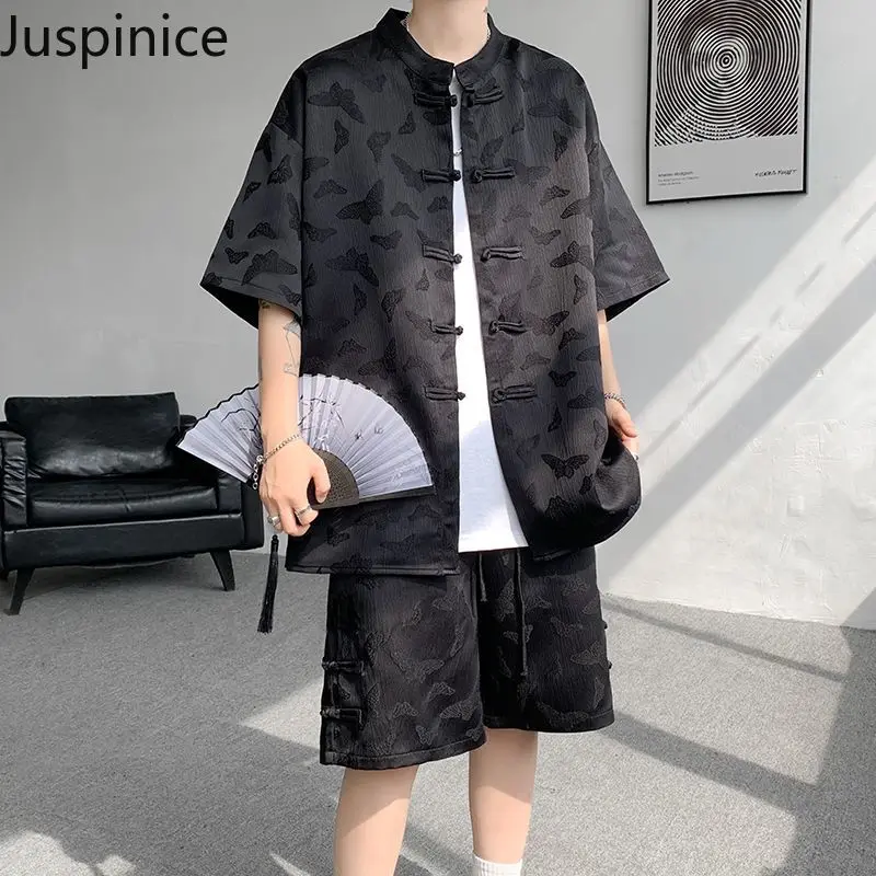 

Chinese Style Button Shirt Shorts Suit Men's Loose Casual High Street Personalized Shirts Five-quarter Pants Set Male Clothes