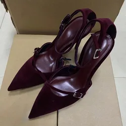 Retro Dark Red Evening Party Women High Heels Shoes Sexy Ankle Strap Luxury Designer sandals Pointed Toe Ladies Wedding Pumps
