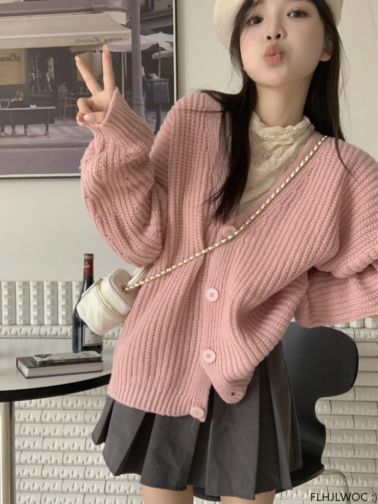 2023 Autumn Winter Coat Outerwear Casual Loose Lazy Japan Preppy Style Single Breasted Button Knitted Sweater Cardigans Pink