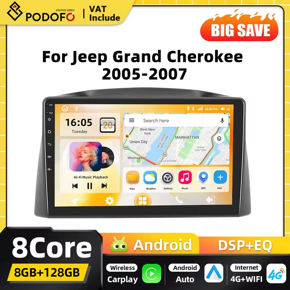Podofo Qualcomm Android 2DIN Autoradio Carplay Radio für Jeep Grand Cherokee 2005 2006-2007 Navigation 4G GPS DSP FM RDS WIFI